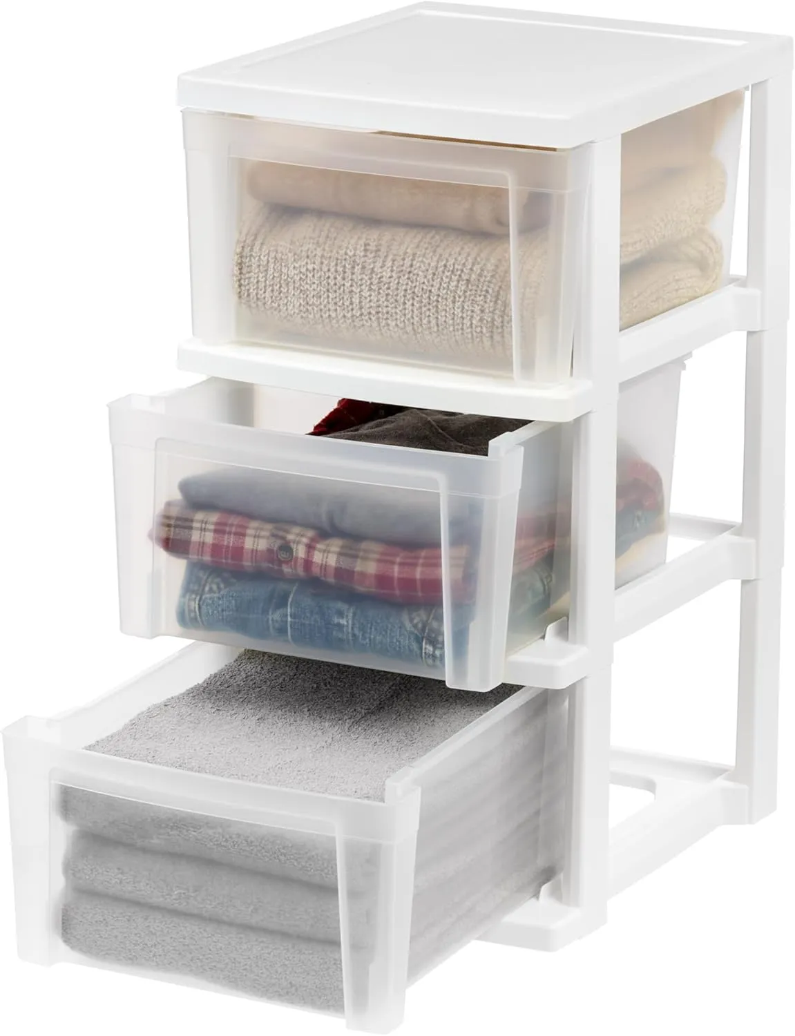 IRIS USA Plastic Drawer Storage Organizer, 3-Drawers, 2-Pack, for Classroom Art Craft Supplies, Dresser Closet, Bathroom Bedroom, Laundry Room, White/Clear