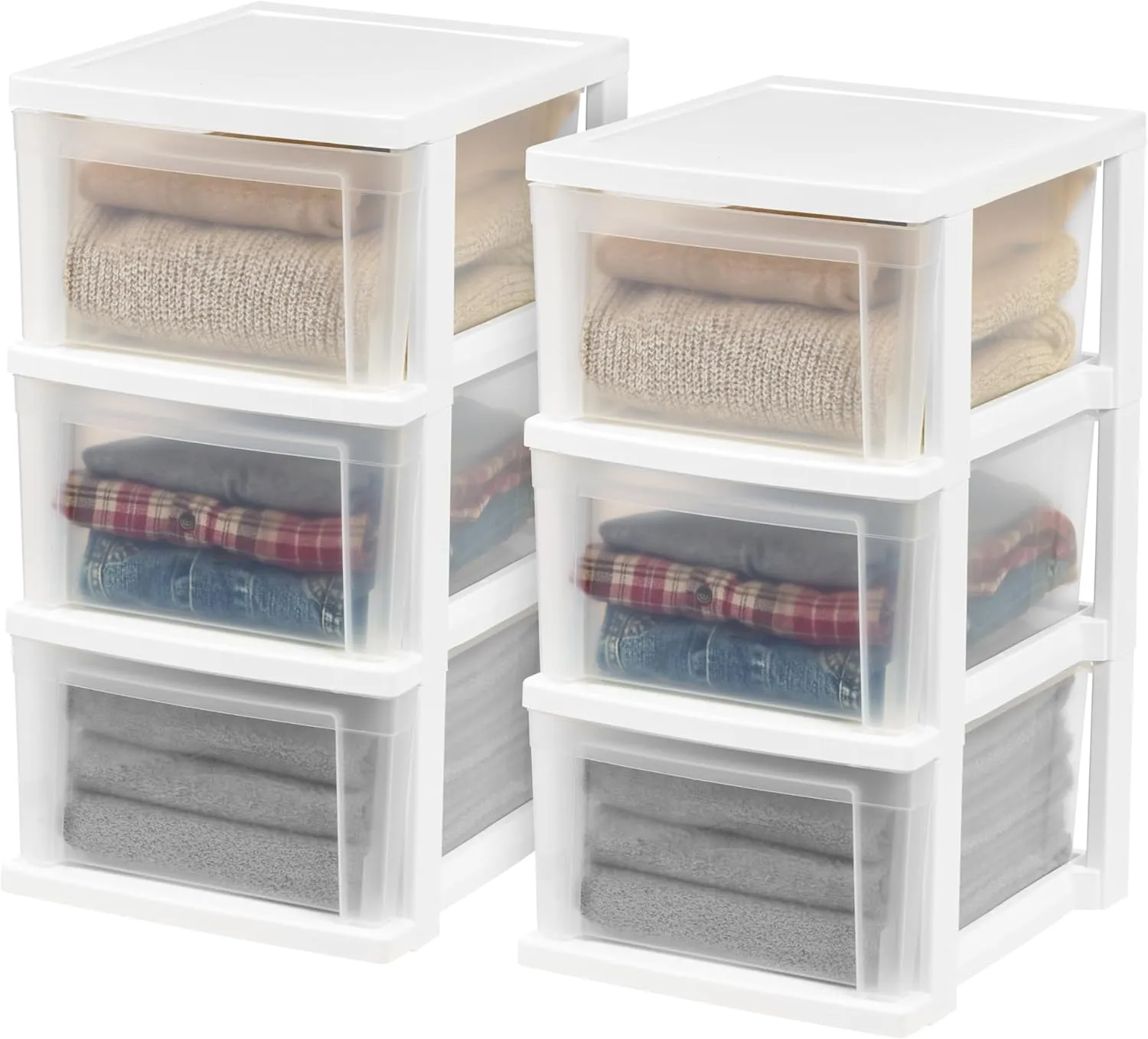IRIS USA Plastic Drawer Storage Organizer, 3-Drawers, 2-Pack, for Classroom Art Craft Supplies, Dresser Closet, Bathroom Bedroom, Laundry Room, White/Clear