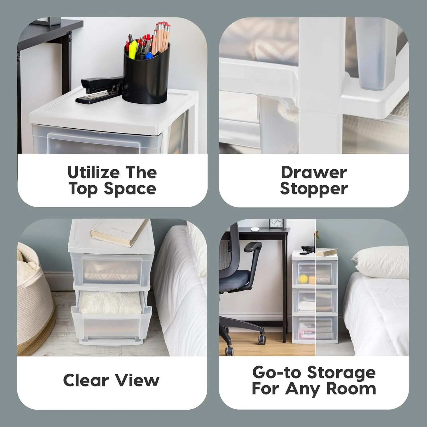 IRIS USA Plastic Drawer Storage Organizer, 3-Drawers, 2-Pack, for Classroom Art Craft Supplies, Dresser Closet, Bathroom Bedroom, Laundry Room, White/Clear