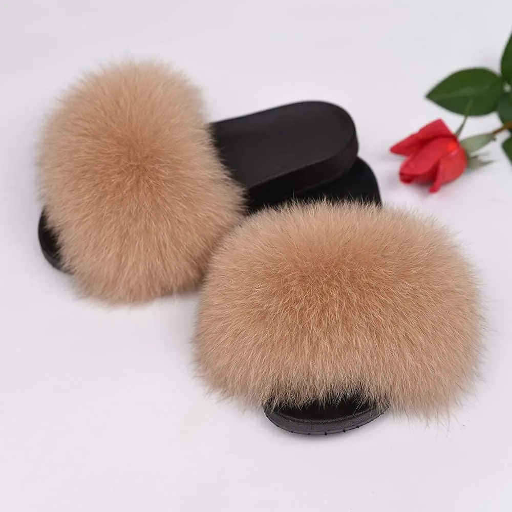 Jancoco Max Real Fox Fur Slides for Women - Fluffy Fur Slippers Open Toe Flat Sandals for Outdoor