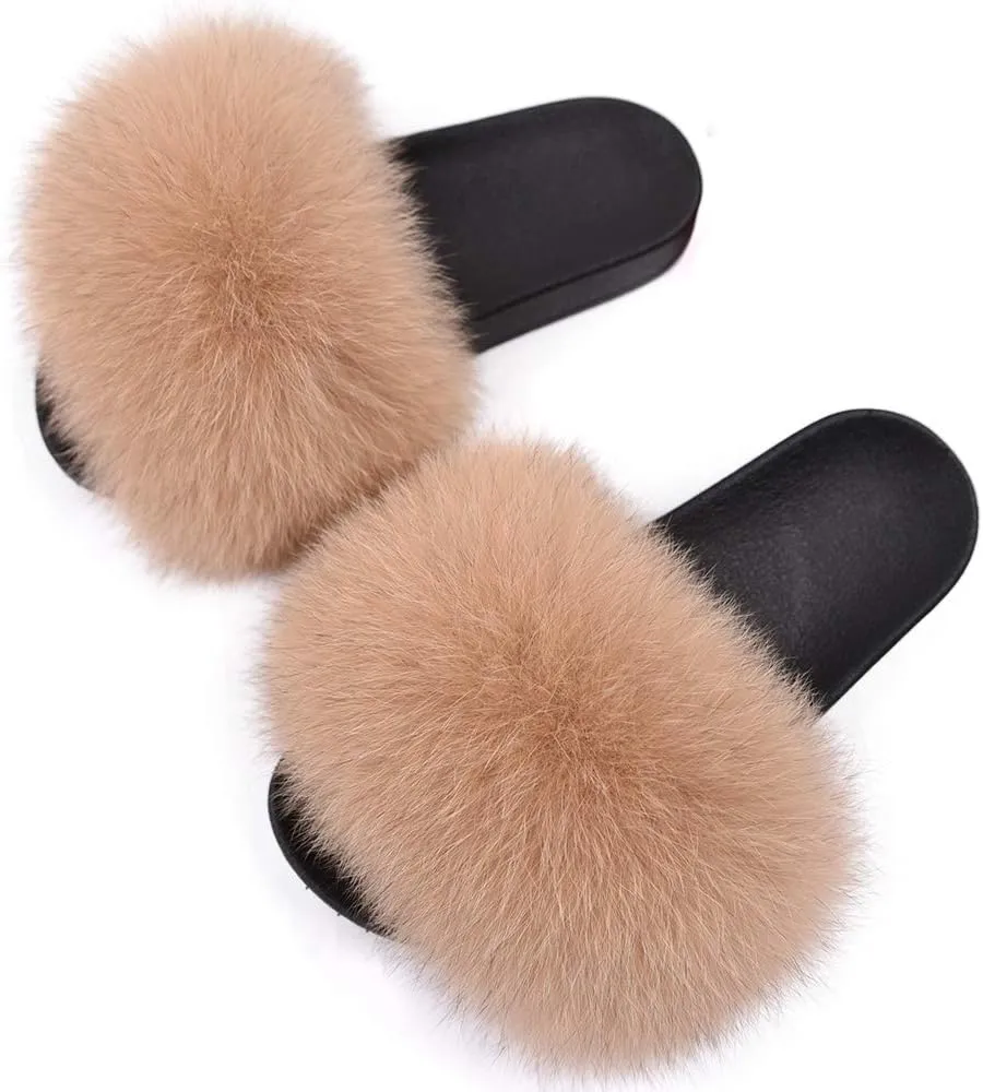 Jancoco Max Real Fox Fur Slides for Women - Fluffy Fur Slippers Open Toe Flat Sandals for Outdoor