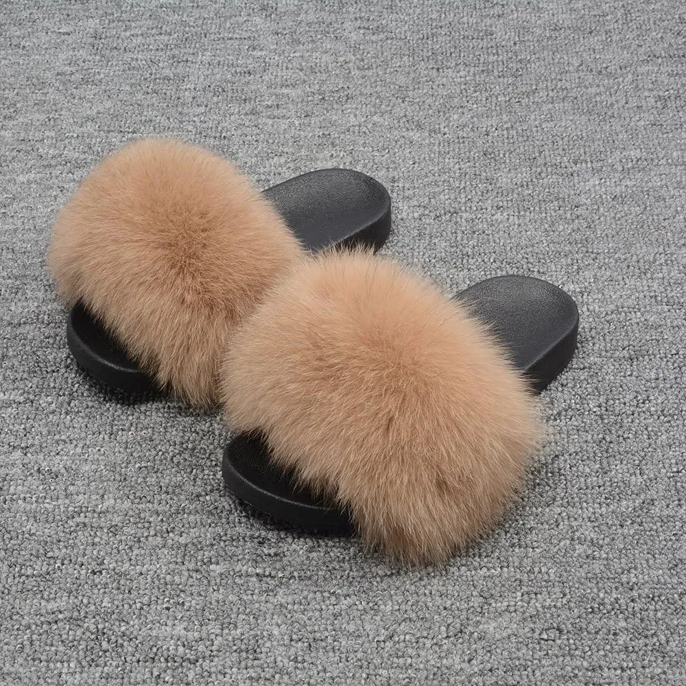 Jancoco Max Real Fox Fur Slides for Women - Fluffy Fur Slippers Open Toe Flat Sandals for Outdoor