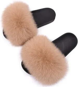Jancoco Max Real Fox Fur Slides for Women - Fluffy Fur Slippers Open Toe Flat Sandals for Outdoor