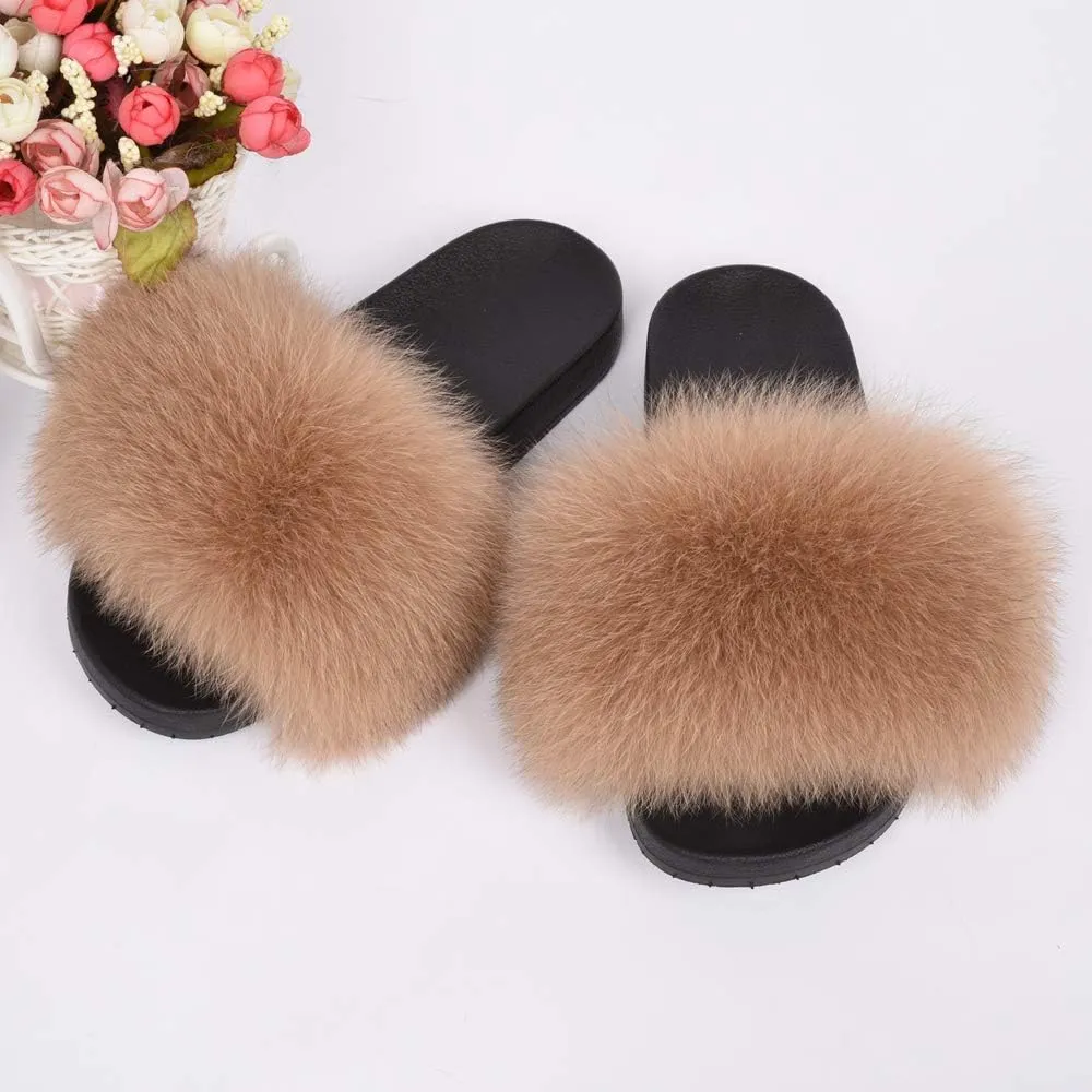 Jancoco Max Real Fox Fur Slides for Women - Fluffy Fur Slippers Open Toe Flat Sandals for Outdoor