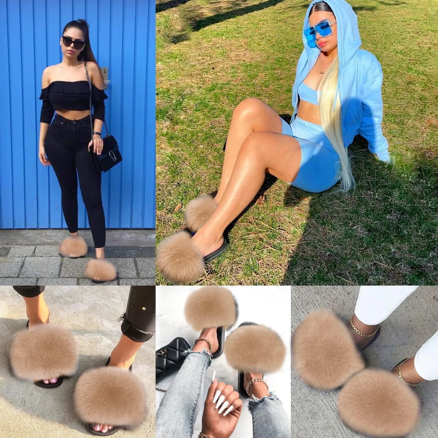Jancoco Max Real Fox Fur Slides for Women - Fluffy Fur Slippers Open Toe Flat Sandals for Outdoor