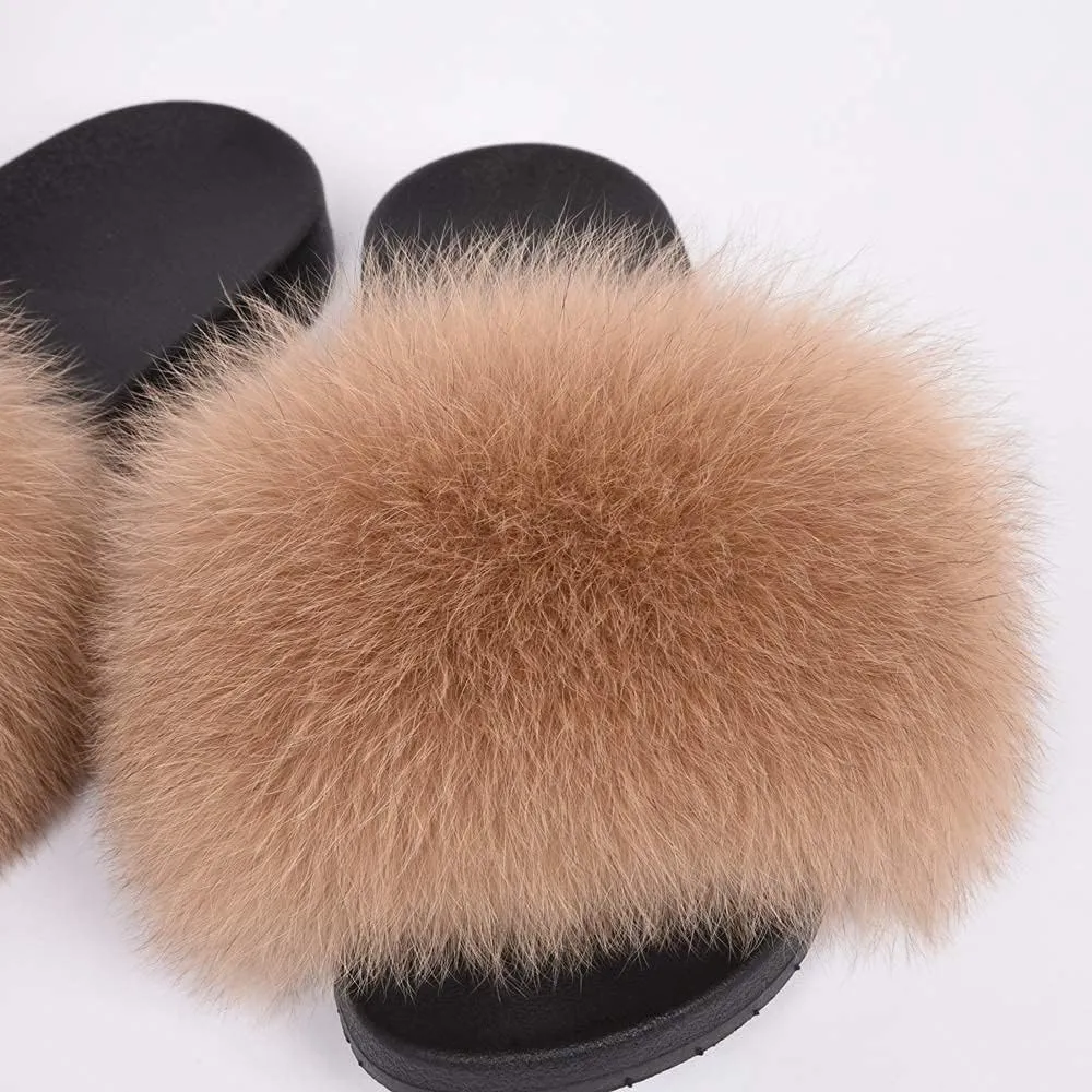 Jancoco Max Real Fox Fur Slides for Women - Fluffy Fur Slippers Open Toe Flat Sandals for Outdoor