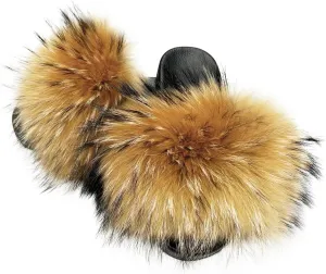 Jancoco Max Womens Fur Sliders Slippers Raccoon Fur Furry Slides Fashion Flat Soft Open Toe Fluffy Sandals