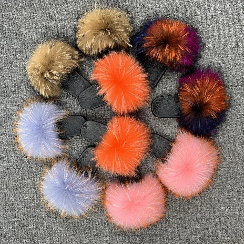Jancoco Max Womens Fur Sliders Slippers Raccoon Fur Furry Slides Fashion Flat Soft Open Toe Fluffy Sandals