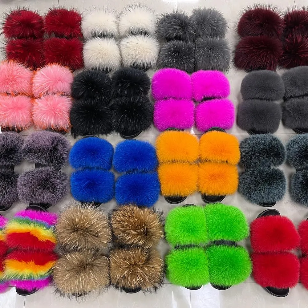 Jancoco Max Womens Fur Sliders Slippers Raccoon Fur Furry Slides Fashion Flat Soft Open Toe Fluffy Sandals