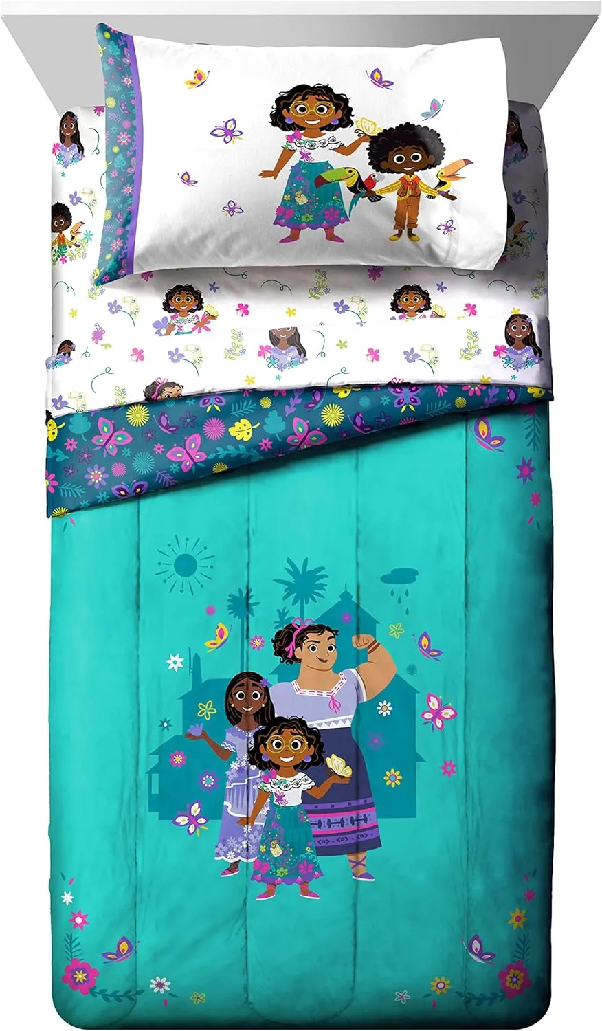 Jay Franco Disney Encanto Sister Magic 5 Piece Full Bed Set - Includes Reversible Comforter & Sheet Set - Super Soft Fade Resistant Polyester (Official Disney Product)