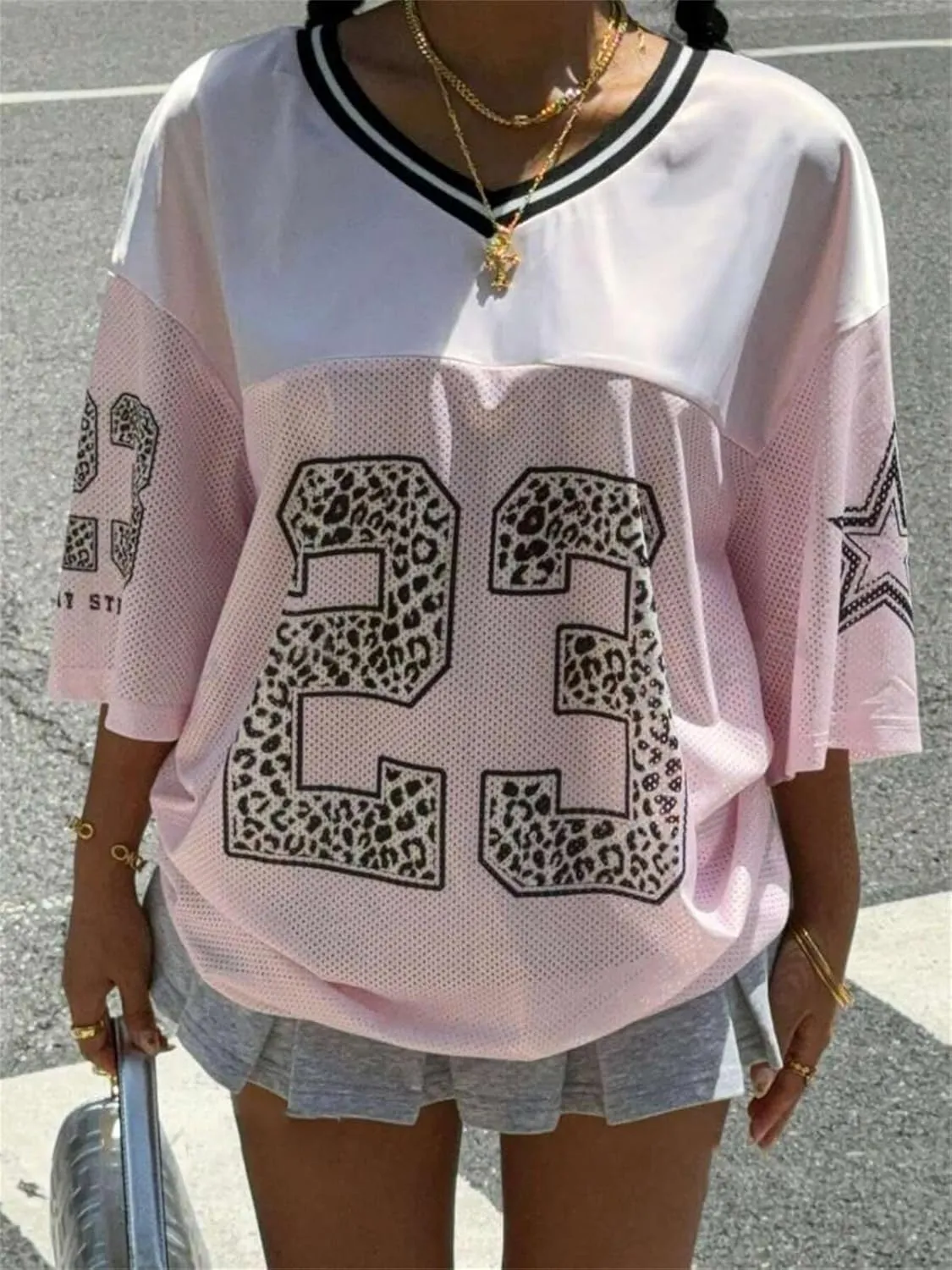 Jersey Shirts for Women Y2k Oversized Number Graphic V Neck Short Sleeve Jersey T-Shirt Blokecore Aesthetic Streetwear