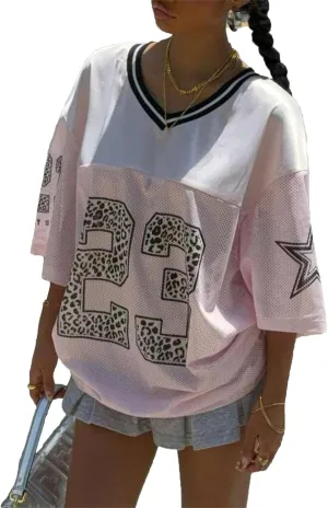 Jersey Shirts for Women Y2k Oversized Number Graphic V Neck Short Sleeve Jersey T-Shirt Blokecore Aesthetic Streetwear