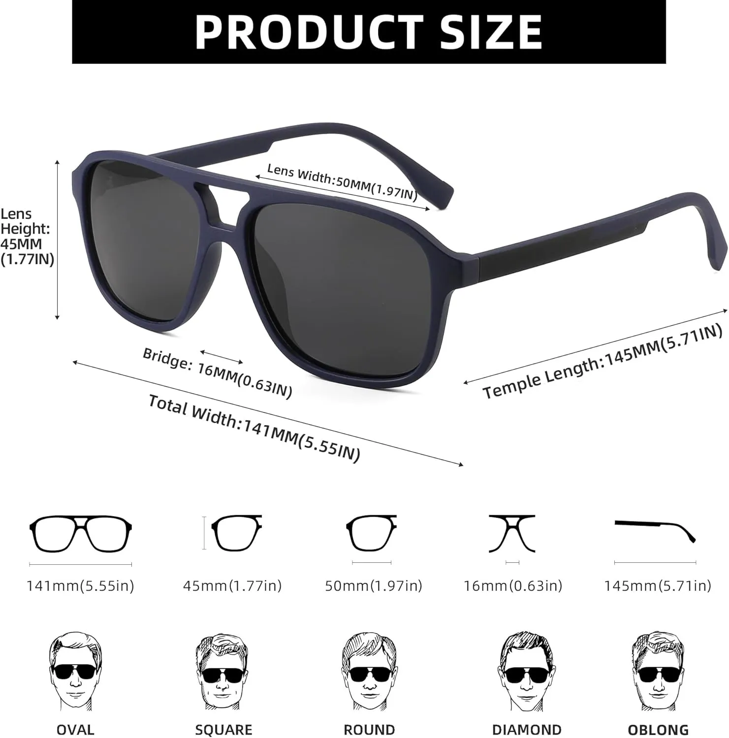 JIM HALO Polarized Aviator Sunglasses Men Women Vintage Square Driving Glasses (Matte Blue Frame/Polarized Grey Lens)