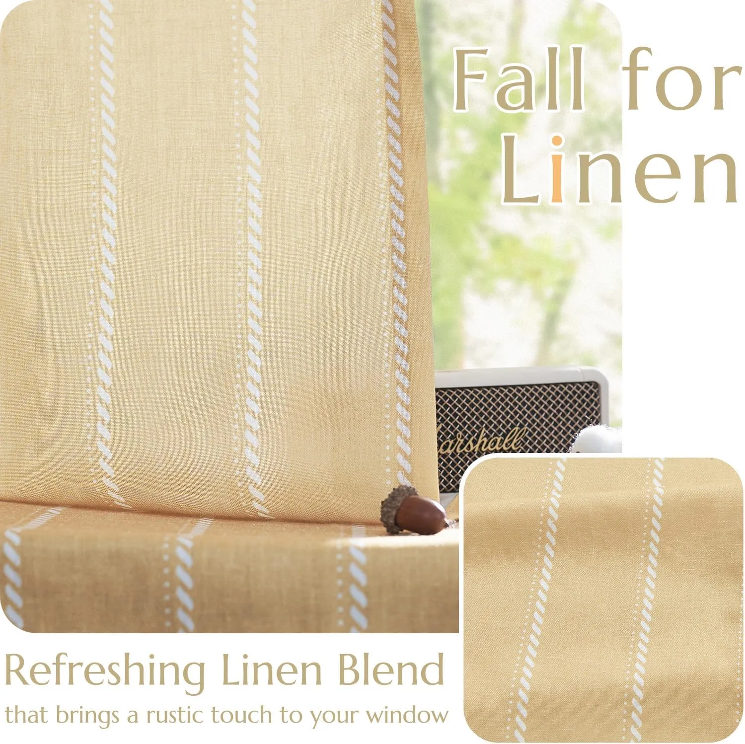 jinchan Linen Blend Curtains 96 Inches Long Mustard Yellow Striped Curtains for Living Room Farmhouse French Country Light Filtering Drapes Semi Sheer Window Treatment for Bedroom 2 Panel Sets
