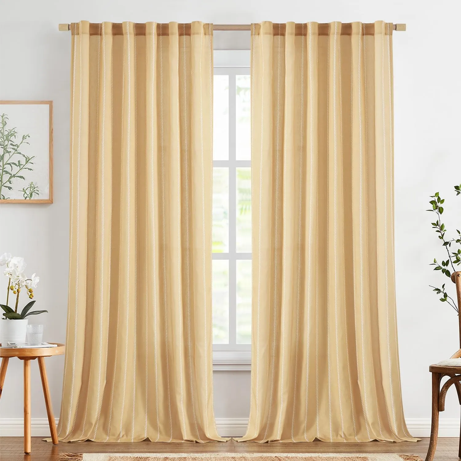 jinchan Linen Blend Curtains 96 Inches Long Mustard Yellow Striped Curtains for Living Room Farmhouse French Country Light Filtering Drapes Semi Sheer Window Treatment for Bedroom 2 Panel Sets