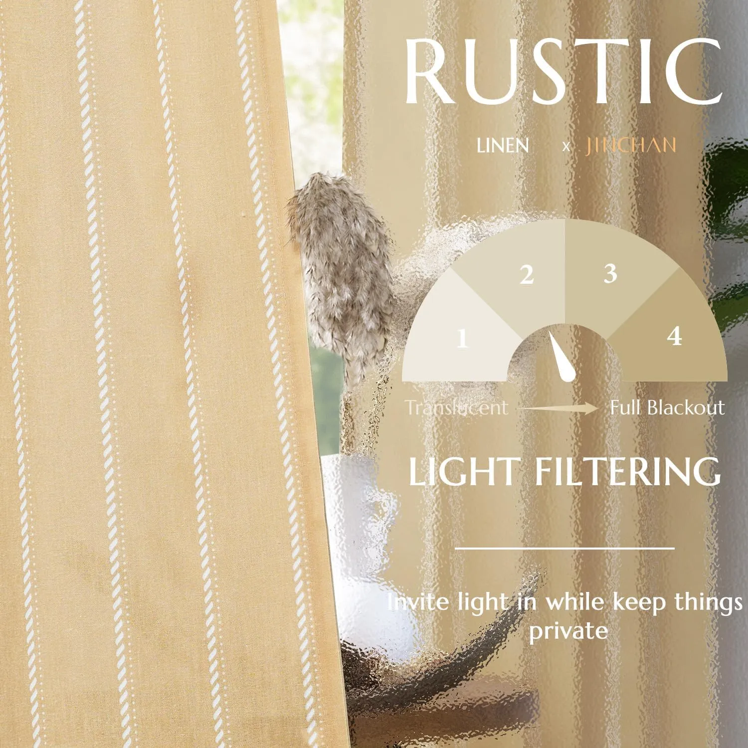 jinchan Linen Blend Curtains 96 Inches Long Mustard Yellow Striped Curtains for Living Room Farmhouse French Country Light Filtering Drapes Semi Sheer Window Treatment for Bedroom 2 Panel Sets