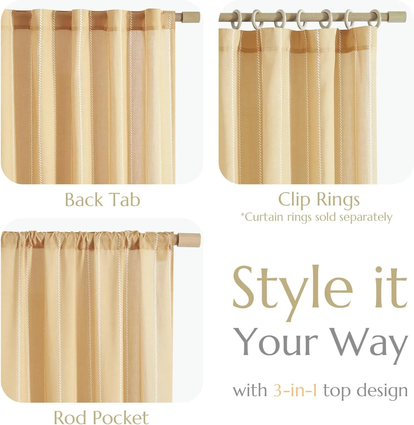 jinchan Linen Blend Curtains 96 Inches Long Mustard Yellow Striped Curtains for Living Room Farmhouse French Country Light Filtering Drapes Semi Sheer Window Treatment for Bedroom 2 Panel Sets