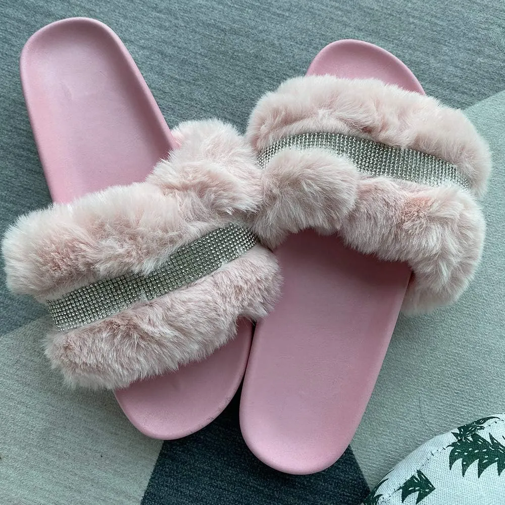 JITUUE light Slide Slippers for women Slip On heel Flats Platform with Faux Fur Rhinestone Outdoor Indoor Open Toe Sandals