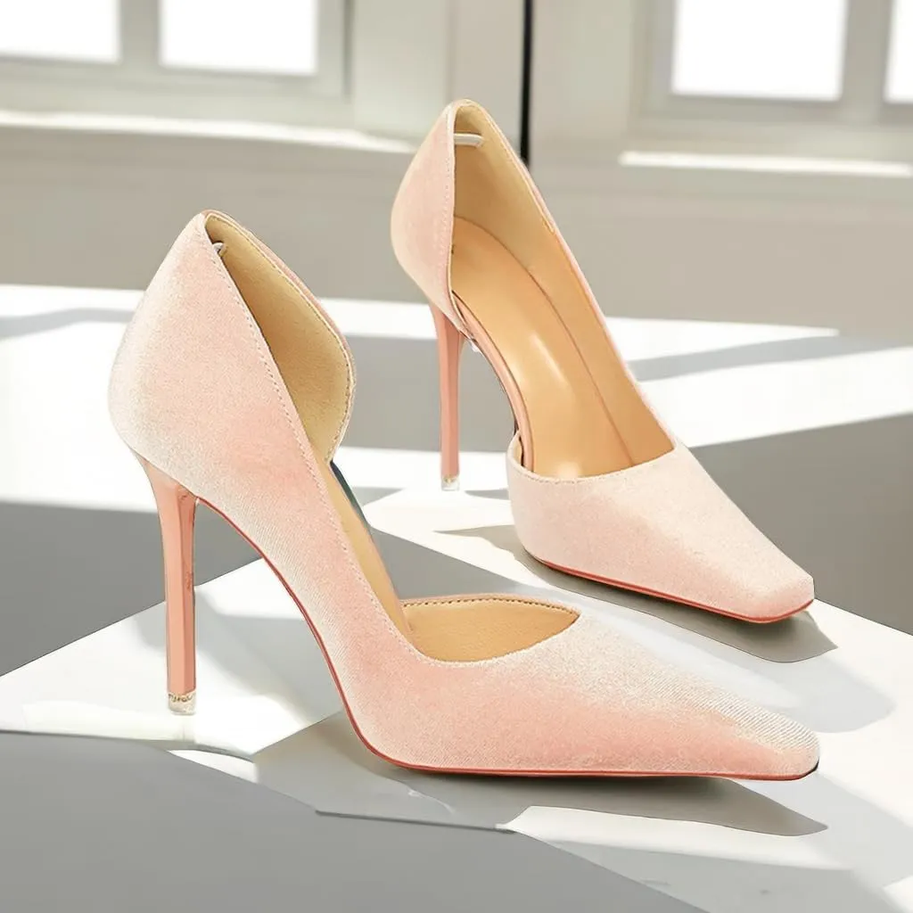 JOEupin Women Formal Stiletto High Heels Pumps Pointed Toe Velvet Slide Office Wedding Lady Party Dress Shoes 4Inch