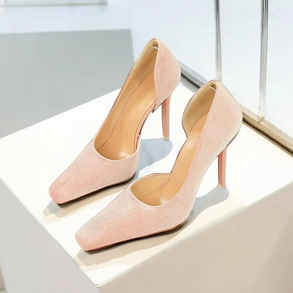 JOEupin Women Formal Stiletto High Heels Pumps Pointed Toe Velvet Slide Office Wedding Lady Party Dress Shoes 4Inch