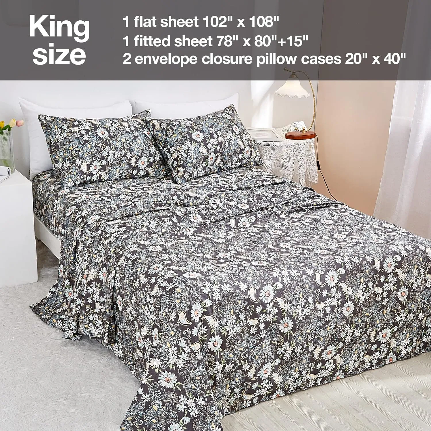 JSD Black Paisley Floral Printed Sheet Set King Size, 4 Piece Soft Pattern Microfiber Sheets Extra Deep Pocket