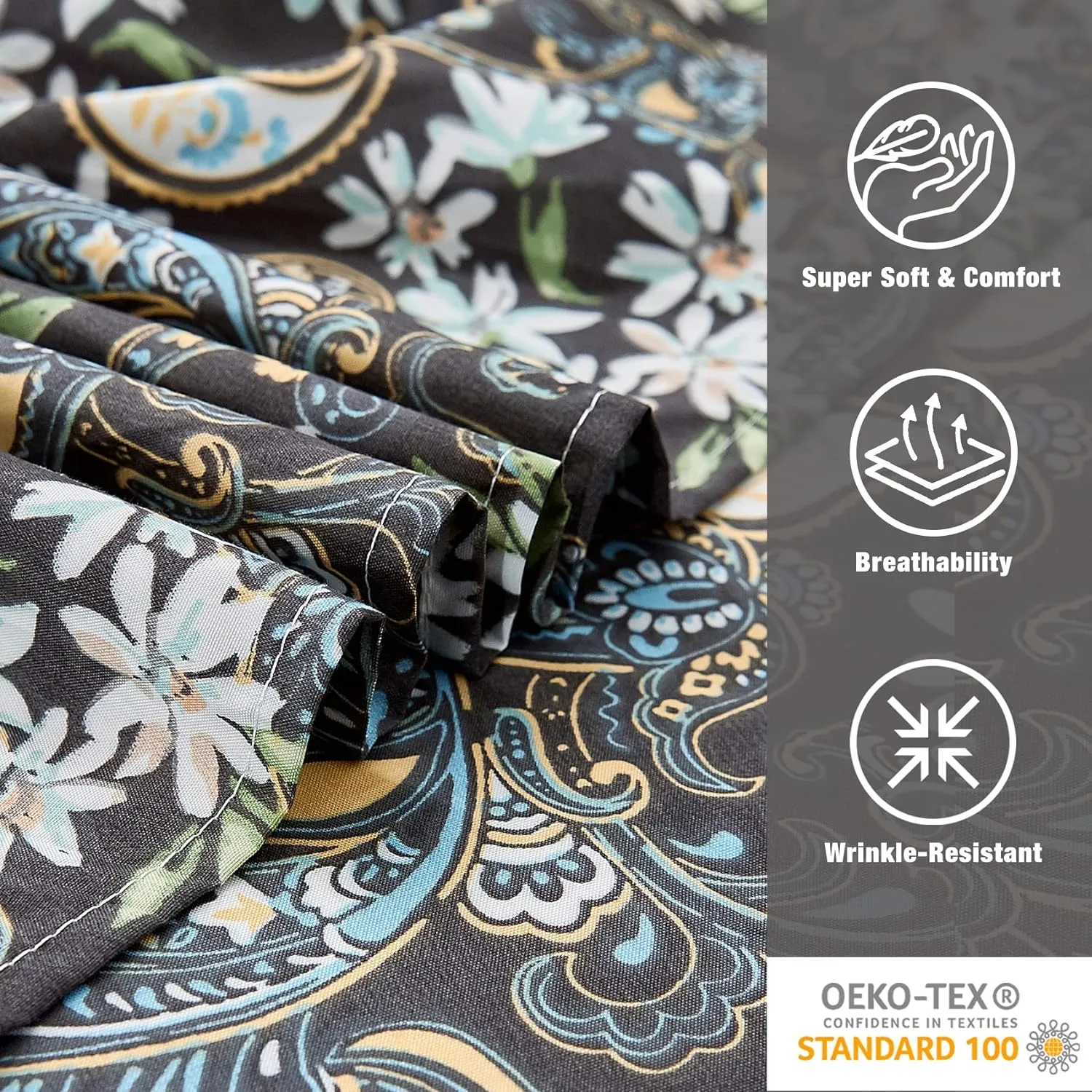 JSD Black Paisley Floral Printed Sheet Set King Size, 4 Piece Soft Pattern Microfiber Sheets Extra Deep Pocket