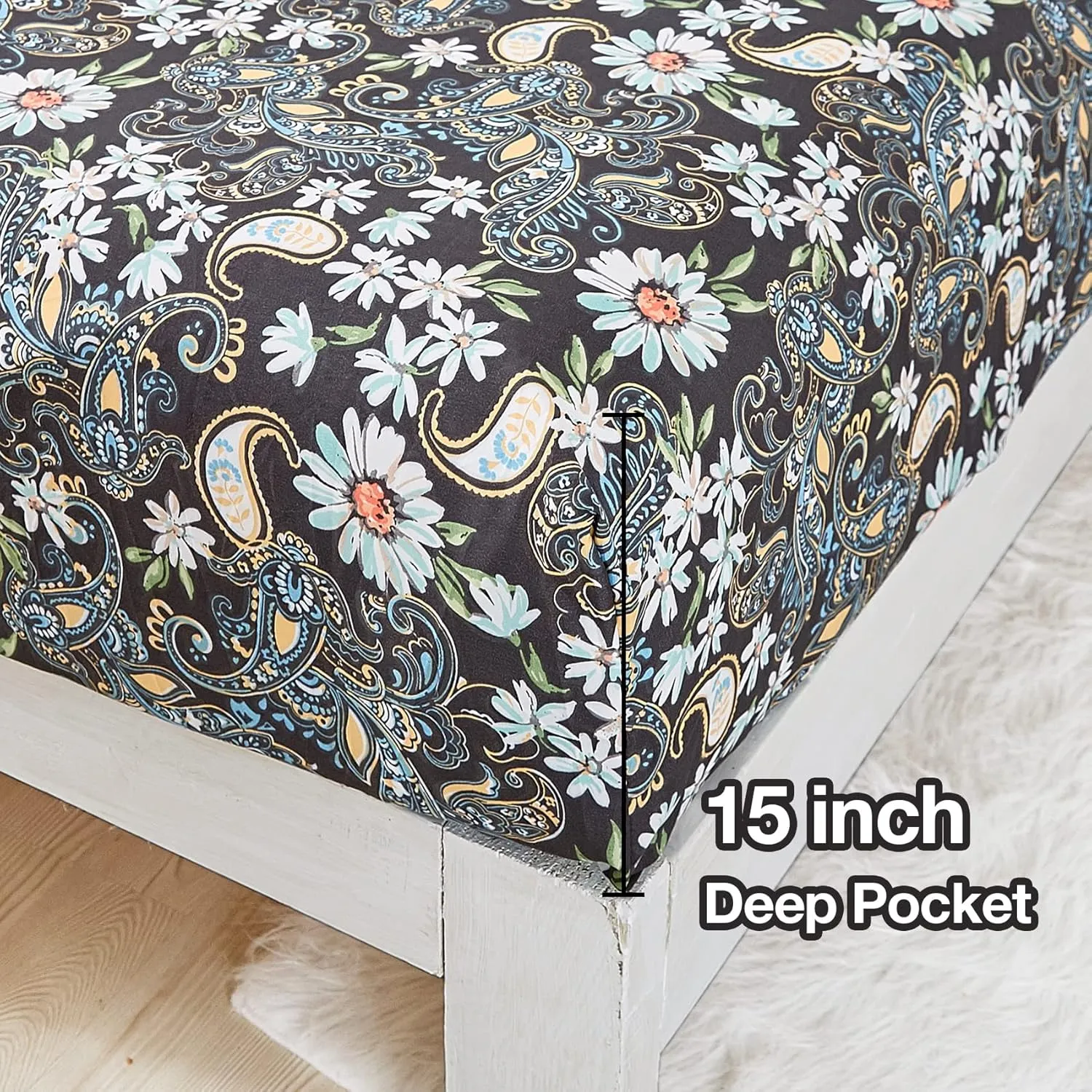 JSD Black Paisley Floral Printed Sheet Set King Size, 4 Piece Soft Pattern Microfiber Sheets Extra Deep Pocket