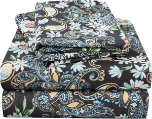 JSD Black Paisley Floral Printed Sheet Set King Size, 4 Piece Soft Pattern Microfiber Sheets Extra Deep Pocket