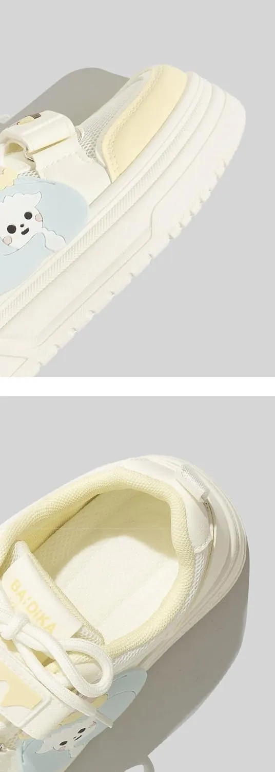 Kawaii Cherry Cake & Lamb Chunky Sneakers - Y2K Retro Dual Hook & Loop Lace-Up Cute Shoes for Women & Girls, Comfy Mesh Orthopedic White Casual Trainer for Beach Travel, Summer Streetwear