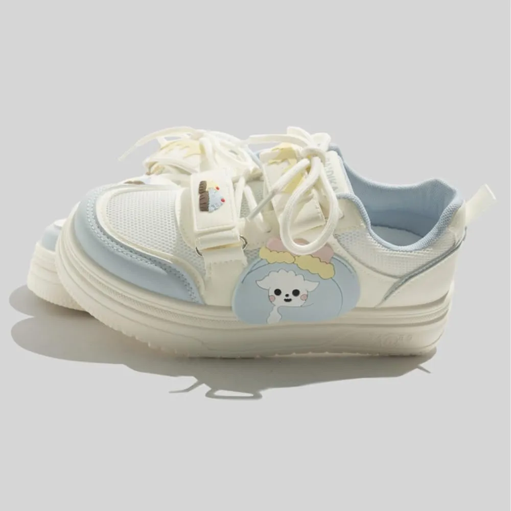 Kawaii Cherry Cake & Lamb Chunky Sneakers - Y2K Retro Dual Hook & Loop Lace-Up Cute Shoes for Women & Girls, Comfy Mesh Orthopedic White Casual Trainer for Beach Travel, Summer Streetwear