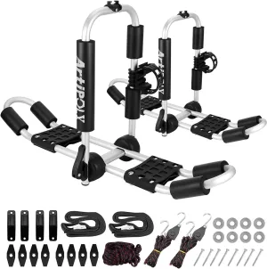 Kayak Roof Rack for 2 Kayaks, 4-in-1 Multifunction Bilateral Kayak & Canoe Car Racks J-Bar with Paddle Holder for Easy Mount Kayak/Surf/Ski/Canoe/SUP on SUV, Car and Truck Crossbar