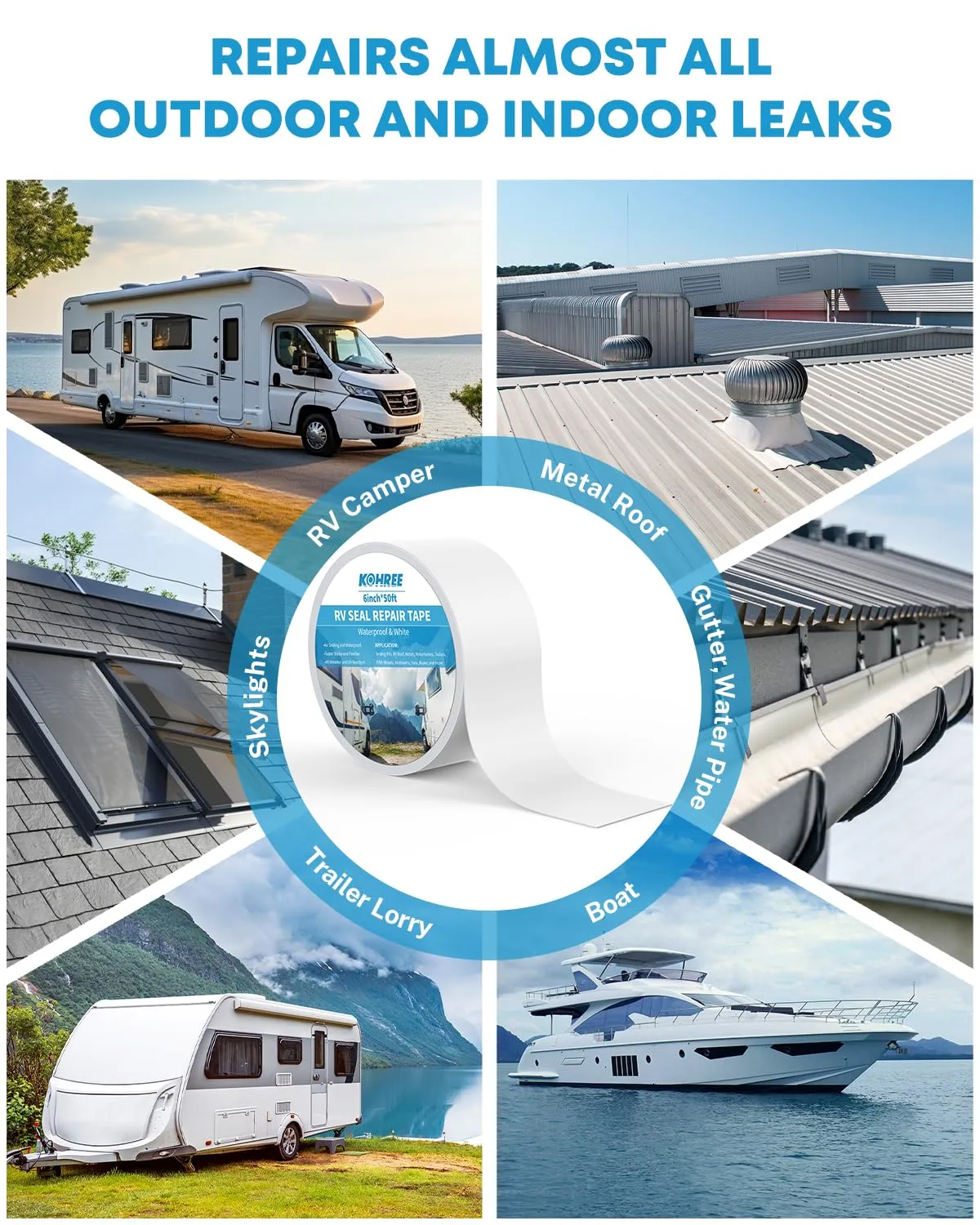 Kohree RV Sealant Tape 2 Inch x 50 Feet, RV White Roof Seal Tape, UV & Weatherproof Sealant Roofing Tape for RV Repair, Window, Boat Sealing, Truck Stop Camper Roof Leaks