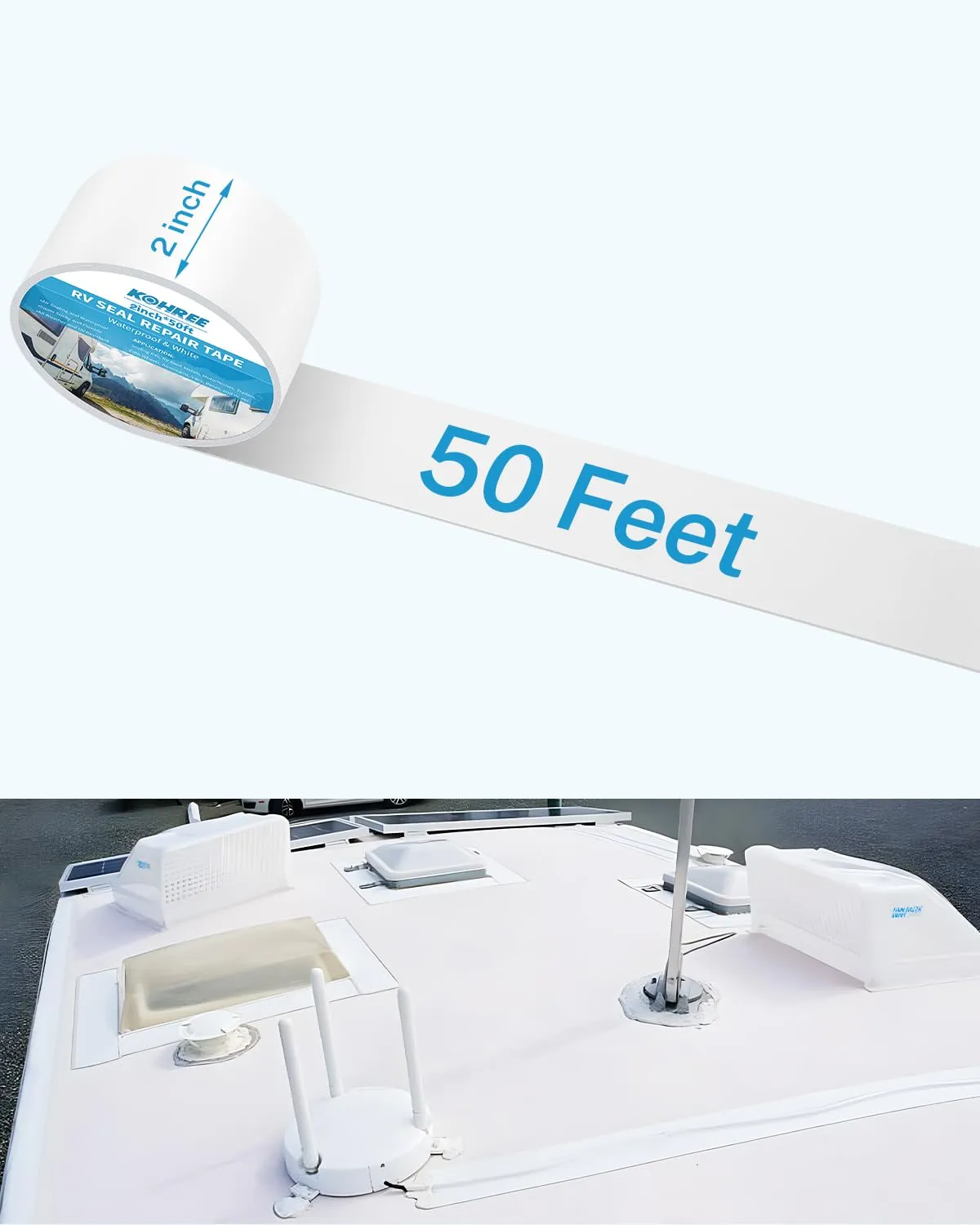Kohree RV Sealant Tape 2 Inch x 50 Feet, RV White Roof Seal Tape, UV & Weatherproof Sealant Roofing Tape for RV Repair, Window, Boat Sealing, Truck Stop Camper Roof Leaks