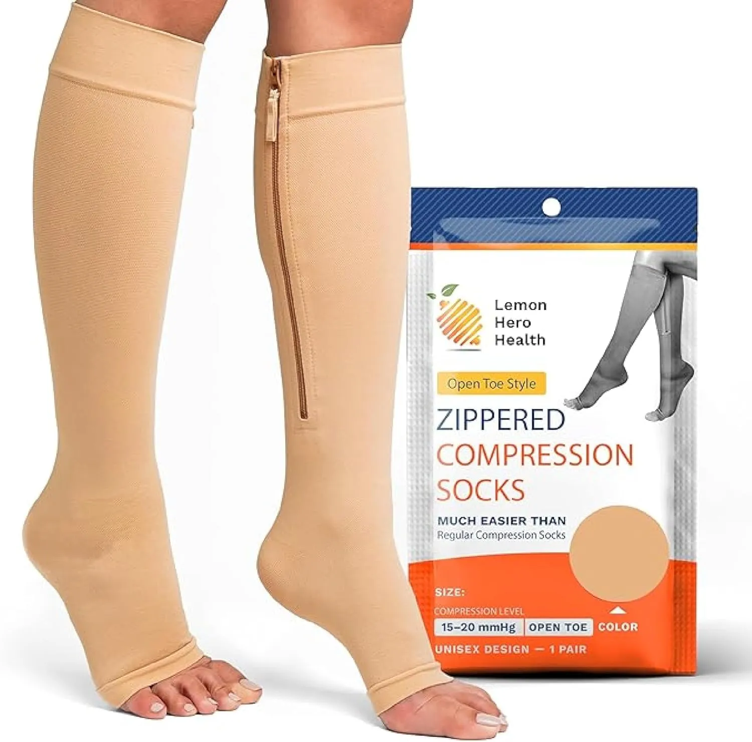 Lemon Hero Zipper Compression Socks 15-20 mmHg Open Toe, Medical Zip Up Compression Stockings for Women and Men - Improves Blood Circulation, Relieves Pain & Swelling