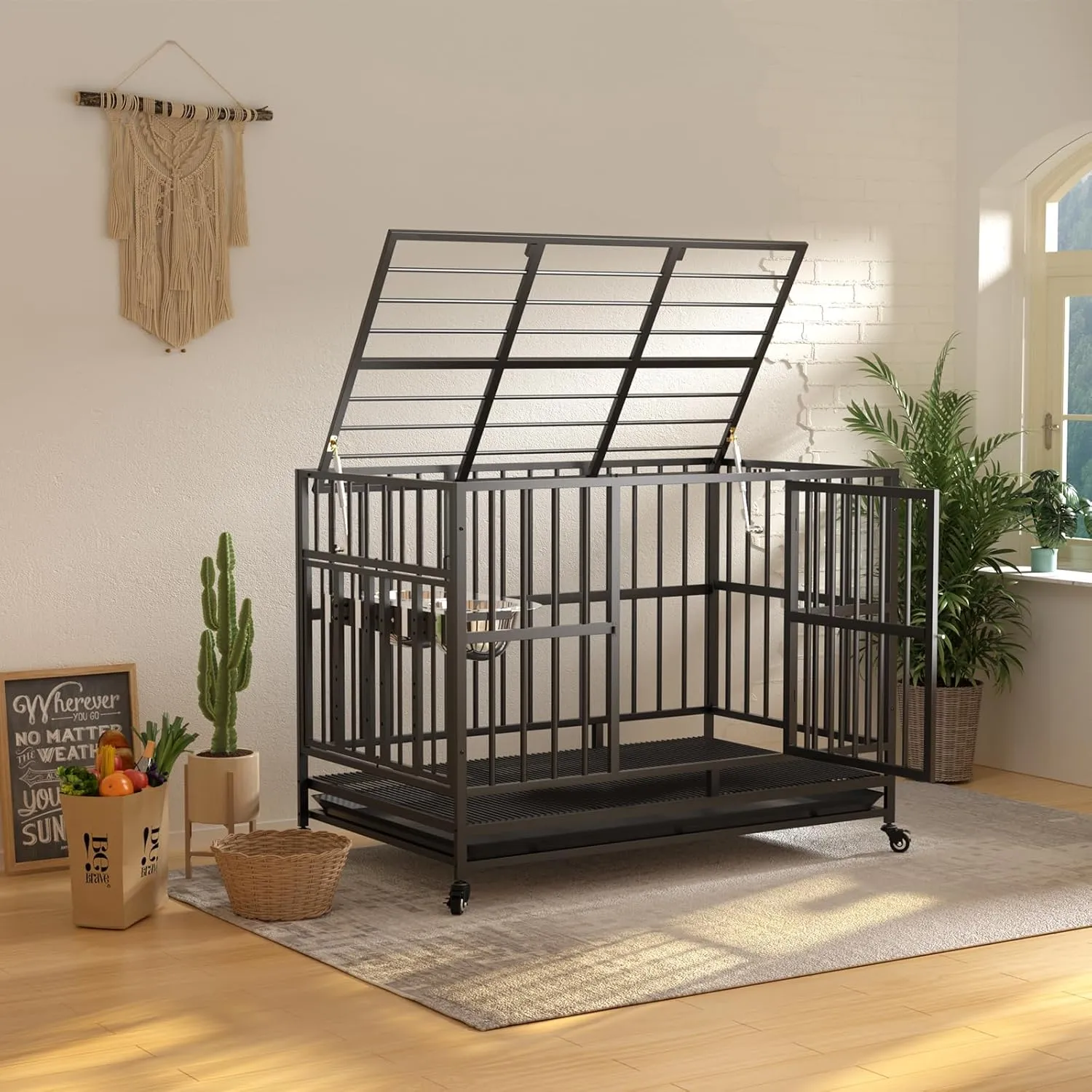 LOVMOR 43" Heavy Duty Dog Crate with Unique Air Lift Rod/Wheels/ 360° & Adjustable 2 Bowls, Extra Medium Dog Crate