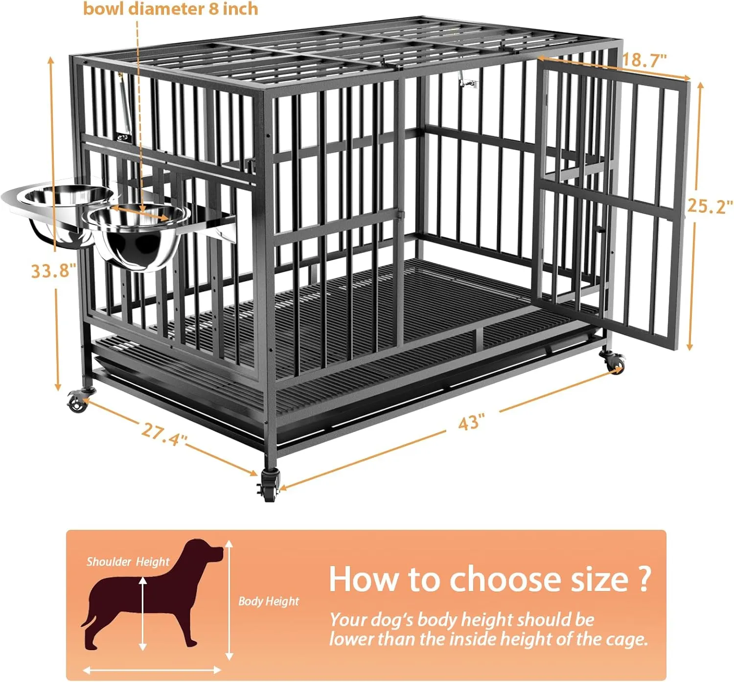 LOVMOR 43" Heavy Duty Dog Crate with Unique Air Lift Rod/Wheels/ 360° & Adjustable 2 Bowls, Extra Medium Dog Crate