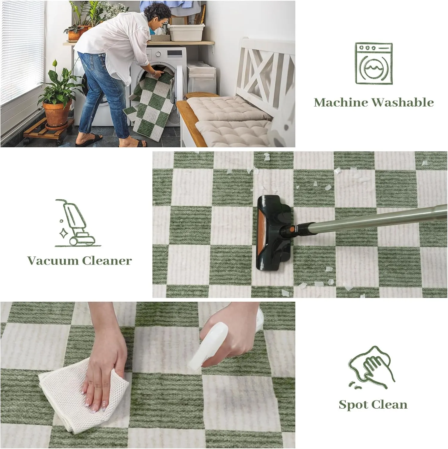 Machine Washable 5x7 Area Rugs for Living Room Checkered, Non Slip Soft Low Pile Farmhouse Geometric Modern Neutral Playroom Boys Rugs for Bedroom, Large Carpet Rugs for Dining Room(Green,5'x7')