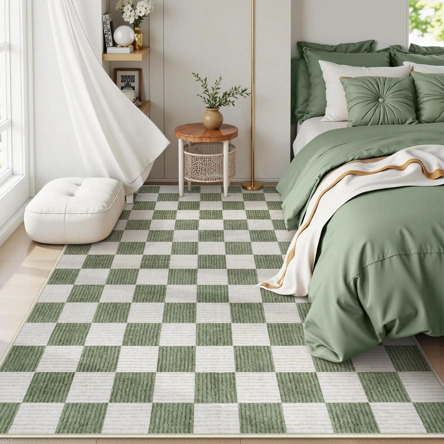 Machine Washable 5x7 Area Rugs for Living Room Checkered, Non Slip Soft Low Pile Farmhouse Geometric Modern Neutral Playroom Boys Rugs for Bedroom, Large Carpet Rugs for Dining Room(Green,5'x7')