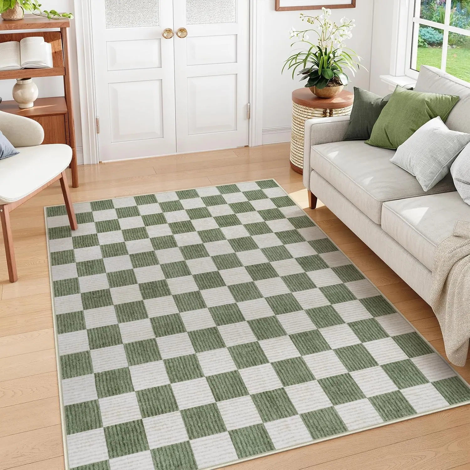 Machine Washable 5x7 Area Rugs for Living Room Checkered, Non Slip Soft Low Pile Farmhouse Geometric Modern Neutral Playroom Boys Rugs for Bedroom, Large Carpet Rugs for Dining Room(Green,5'x7')