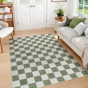Machine Washable 5x7 Area Rugs for Living Room Checkered, Non Slip Soft Low Pile Farmhouse Geometric Modern Neutral Playroom Boys Rugs for Bedroom, Large Carpet Rugs for Dining Room(Green,5'x7')