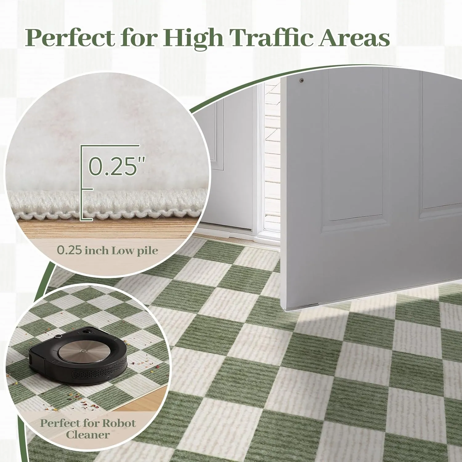 Machine Washable 5x7 Area Rugs for Living Room Checkered, Non Slip Soft Low Pile Farmhouse Geometric Modern Neutral Playroom Boys Rugs for Bedroom, Large Carpet Rugs for Dining Room(Green,5'x7')