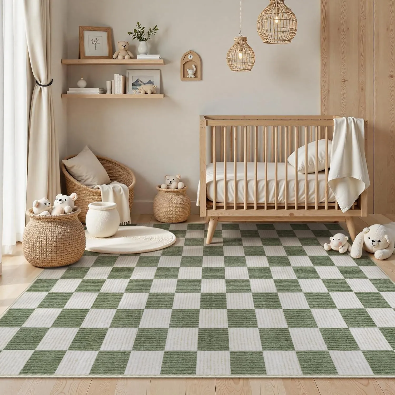 Machine Washable 5x7 Area Rugs for Living Room Checkered, Non Slip Soft Low Pile Farmhouse Geometric Modern Neutral Playroom Boys Rugs for Bedroom, Large Carpet Rugs for Dining Room(Green,5'x7')