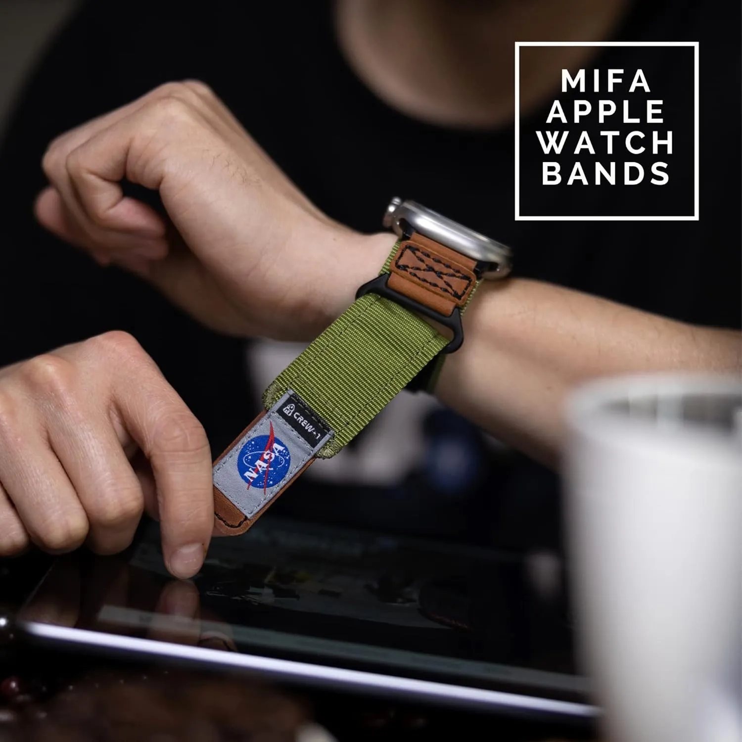 Made for Apple Watch Band, NASA Licensed Rugged Nylon Leather Sports Strap With Woven Loop Design For iWatch Ultra 2/1 49mm/46mm/45mm/44mm Tough Tactical Replacement Band For Series 10/9/SE