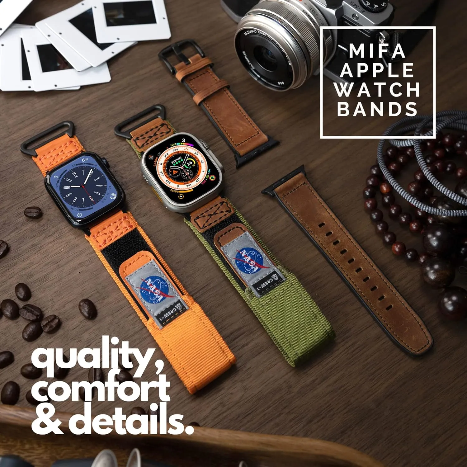 Made for Apple Watch Band, NASA Licensed Rugged Nylon Leather Sports Strap With Woven Loop Design For iWatch Ultra 2/1 49mm/46mm/45mm/44mm Tough Tactical Replacement Band For Series 10/9/SE