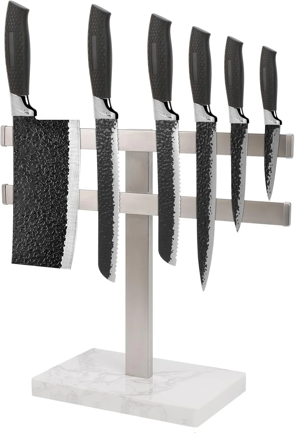 Magnetic Knife Block Holder Stand with Marble Base for Countertop, Stainless Steel Knife Rack with Strong Enhanced Magnets Strip for Kitchen Utensil and Tool Organizers, Brushed Nickel