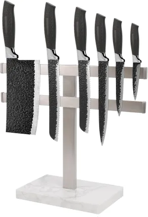 Magnetic Knife Block Holder Stand with Marble Base for Countertop, Stainless Steel Knife Rack with Strong Enhanced Magnets Strip for Kitchen Utensil and Tool Organizers, Brushed Nickel