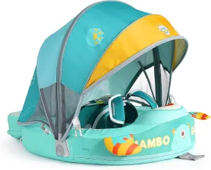 Mambobaby Float with Canopy Size Improved Non Inflatable Infant Baby Pool Float Smart Mambo Float Swim Trainer Add Tail Baby Swim Float Mambo Baby Float Solid Air Free Water Waist Swimming Ring