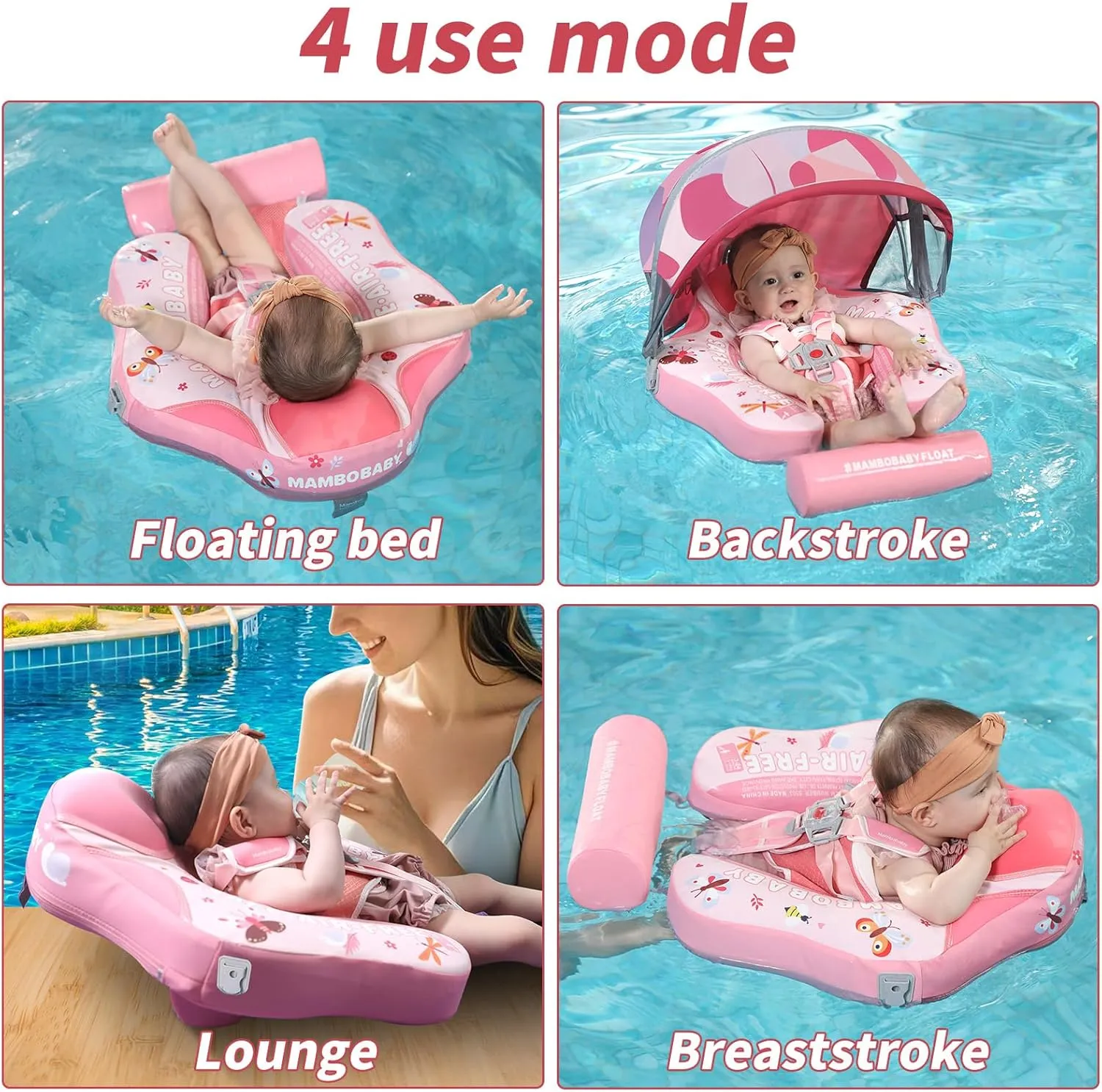 Mambobaby Float with Canopy Size Improved Non Inflatable Infant Baby Pool Float Smart Mambo Float Swim Trainer Add Tail Baby Swim Float Mambo Baby Float Solid Air Free Water Waist Swimming Ring