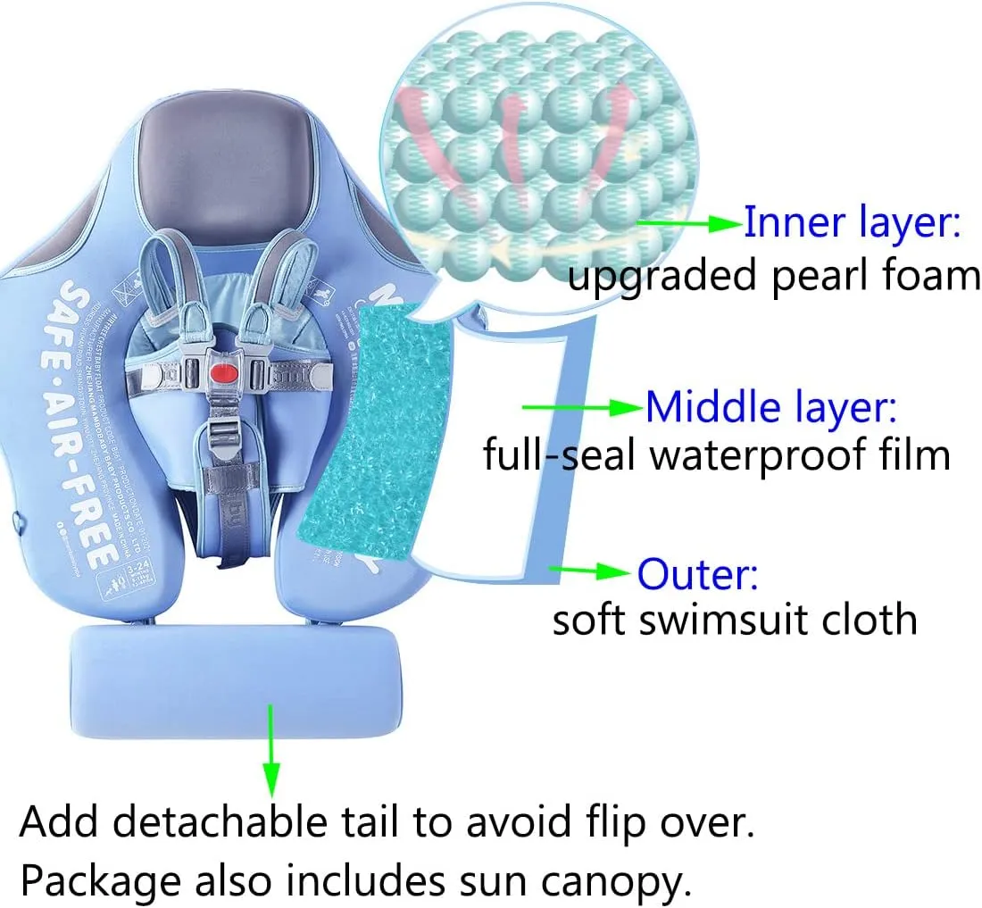 Mambobaby Float with Canopy Size Improved Non Inflatable Infant Baby Pool Float Smart Mambo Float Swim Trainer Add Tail Baby Swim Float Mambo Baby Float Solid Air Free Water Waist Swimming Ring
