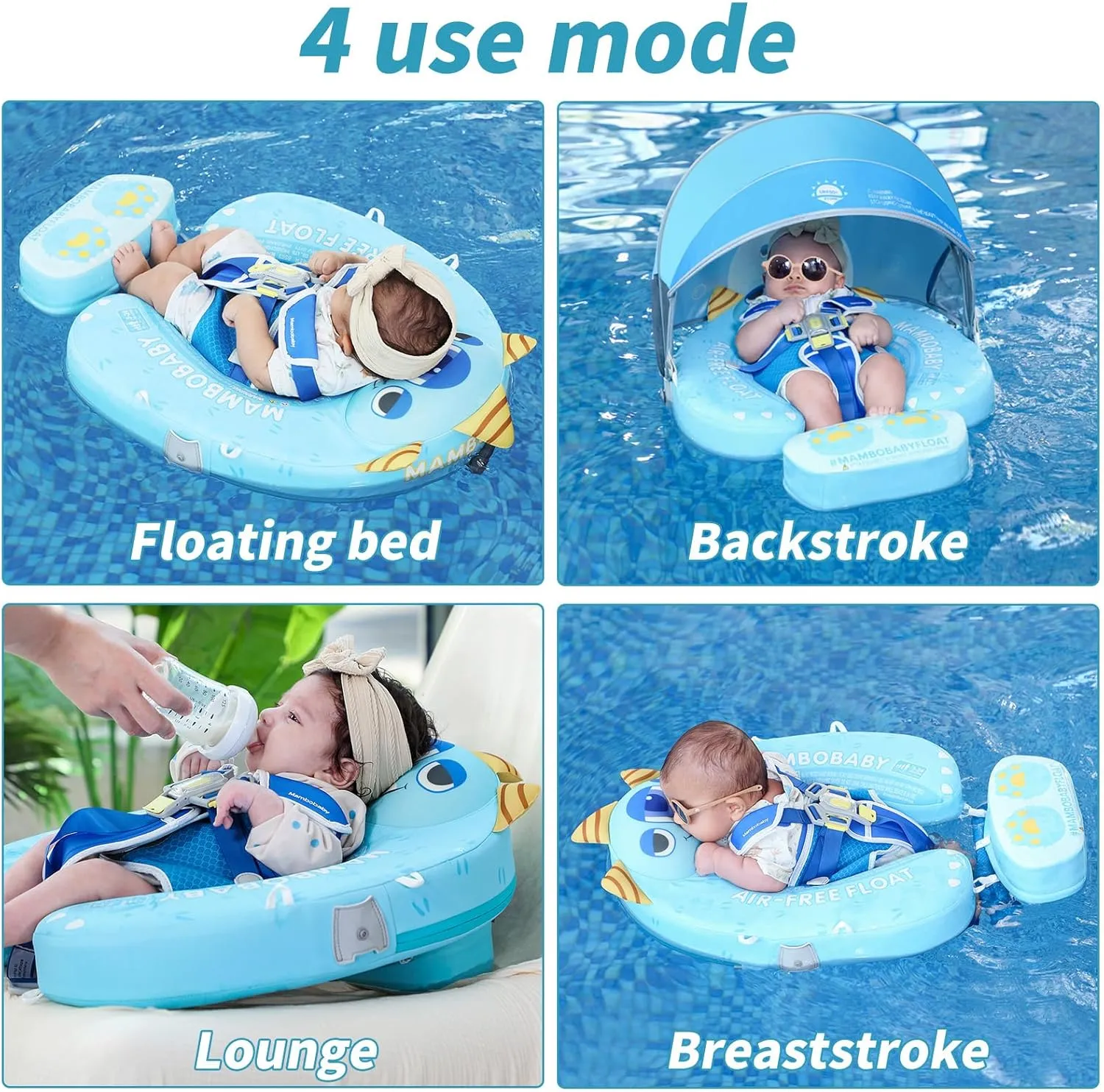 Mambobaby Float with Canopy Size Improved Non Inflatable Infant Baby Pool Float Smart Mambo Float Swim Trainer Add Tail Baby Swim Float Mambo Baby Float Solid Air Free Water Waist Swimming Ring